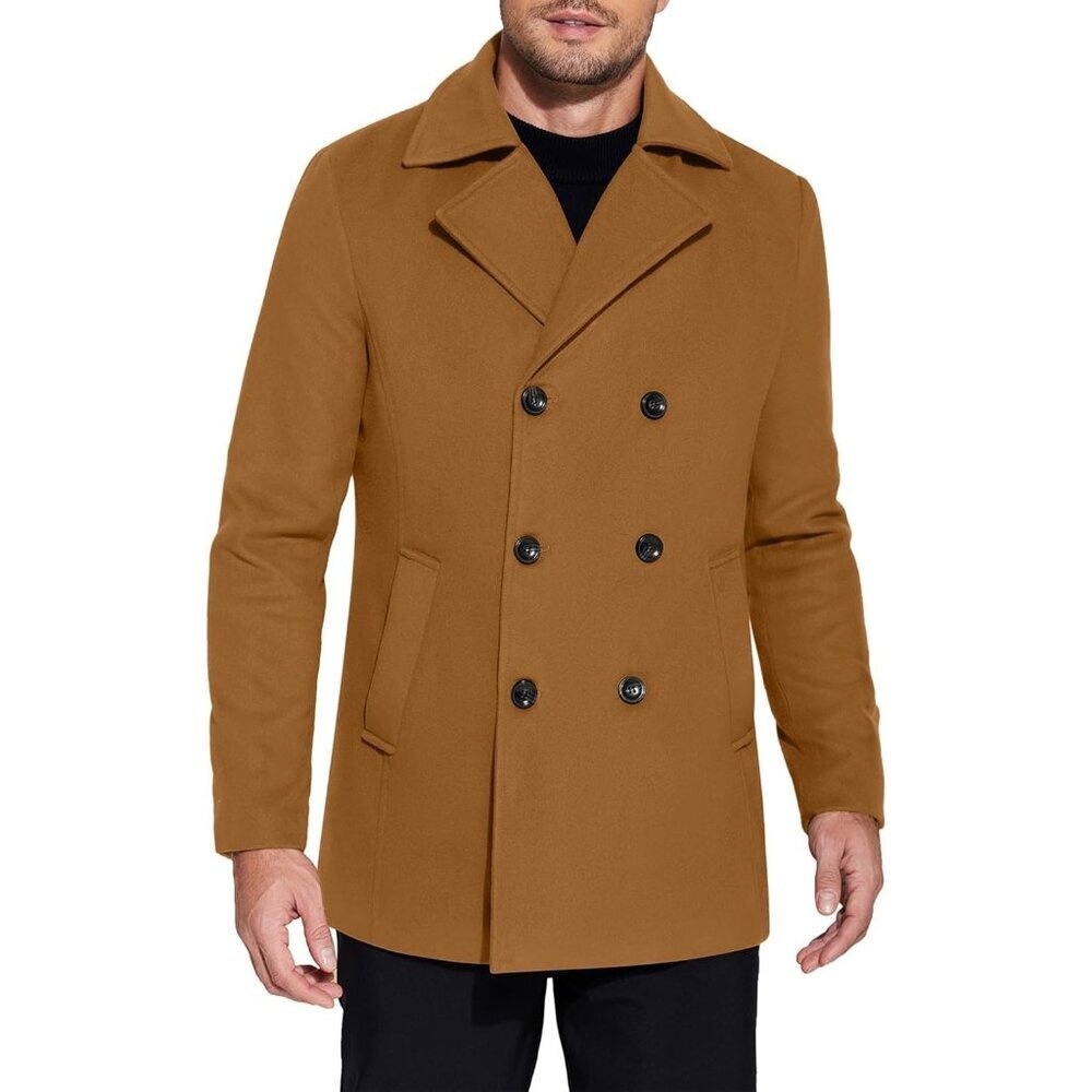 Men's Light Brown Double Breasted Pea Coat Trench Coat Notched Collar Overcoat